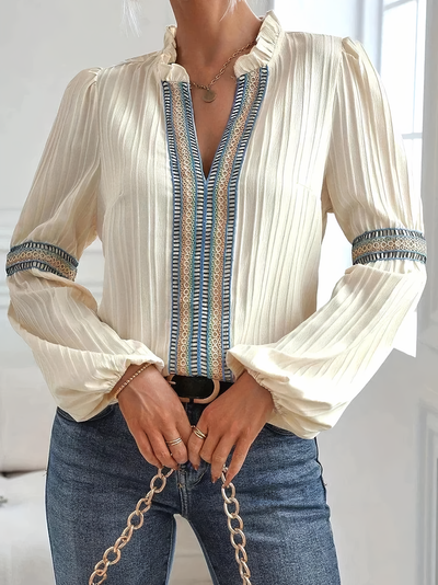 Bluse - Laternenärmel - V-Ausschnitt - Lange Ärmel - Elegante Bluse-Leyna Moda