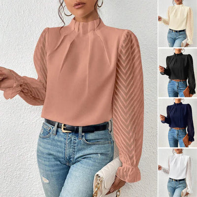 Bluse | Rollkragenpullover | Durchsichtige Ärmel | Langarm-Top | Damenbekleidung-Leyna Moda