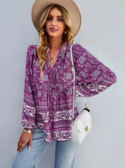 Boho Bluse, Blumendruck, lange Ärmel, Damenbekleidung, lockere Passform-Leyna Moda