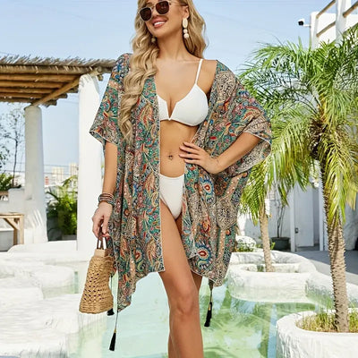 Boho-Kimono, Paisley Druck, Offene Front, Bikini-Cover Up, Strand-Kimono-Leyna Moda