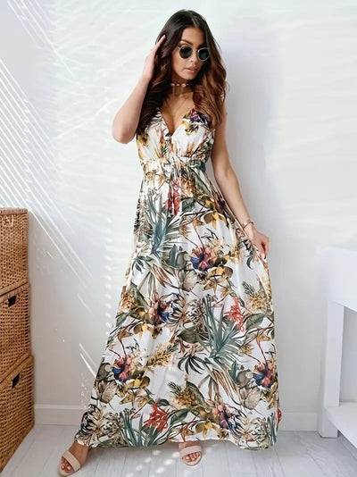 Boho Kleid - Kordelzug - V-Ausschnitt - Maxikleid - Sommerkleid-Leyna Moda