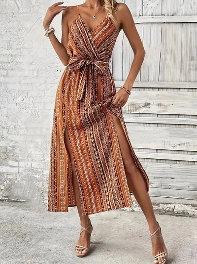 Boho Kleid - Midi - Gegürtet - Sommerkleid - Sonnenkleid-Leyna Moda