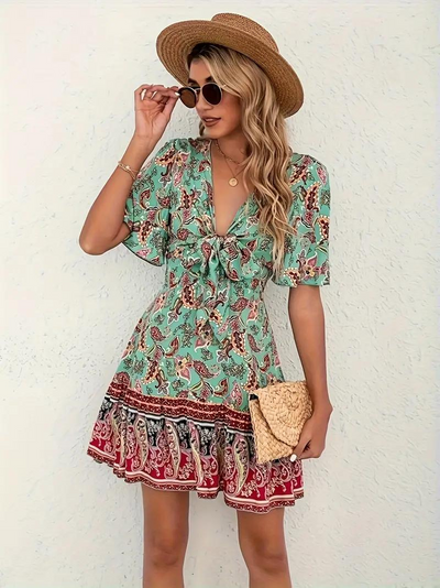 Boho Kleid - Paisley Print - Kurze Ärmel - Minikleid - Sommerkleid-Leyna Moda