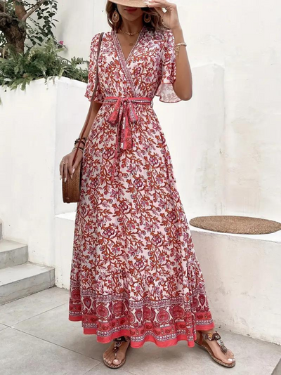 Boho-Kleid – mit Blumenmuster – mit Gürtel – Maxikleid – Sommerkleid-Leyna Moda