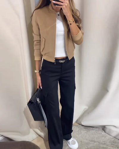 Bomberjacke – Beige, schmal geschnittene Sommerjacke mit Reißverschluss für Damen-Leyna Moda