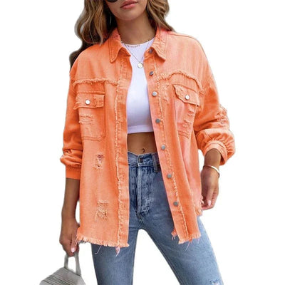 Denim Jacke - Übergroße, locker sitzende, zerrissene Jeansjacke für Frauen-Leyna Moda