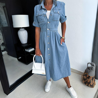 Denim Kleid - Kurze Ärmel, Knopfleiste Midi Sommerkleid-Leyna Moda