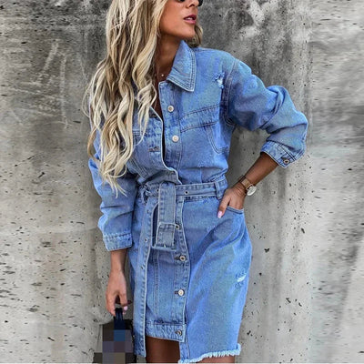 Denim-Kleid | Langarm | Button-Up | Hemdkleid | Minikleid-Leyna Moda