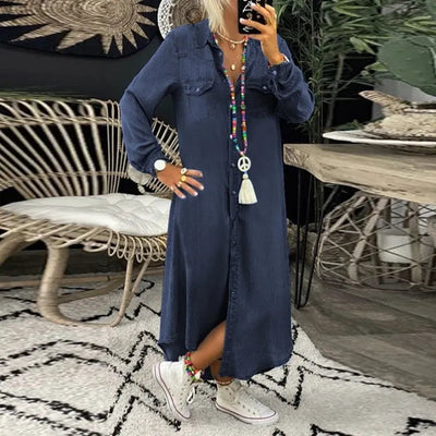 Denim-Kleid - Langärmeliges, locker sitzendes, knöpfbares Maxi-Shirt-Kleid-Leyna Moda