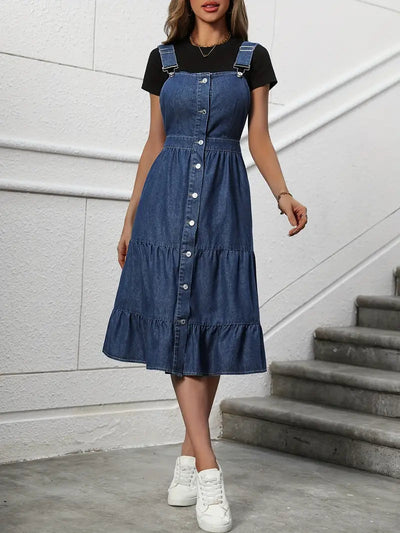 Denimkleid, Geknöpft, Armellos, Sommerkleid, Midikleid-Leyna Moda