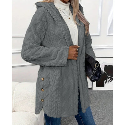 Fleece-Strickjacke – Halblang – Mit Kapuze – Fleecejacke – Damenbekleidung-Leyna Moda
