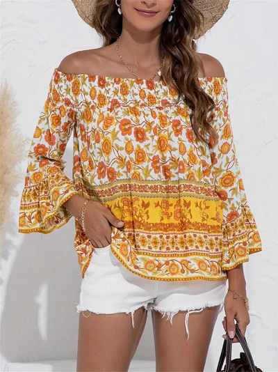 Florale Bluse, Off-Shoulder, Lange Ärmel, Boho Style, Sommer Tops-Leyna Moda