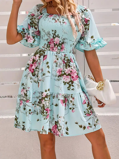 Florales Kleid - Kurze Ärmel - Geraffte Taille - Sommerkleid - Kurze Kleider-Leyna Moda