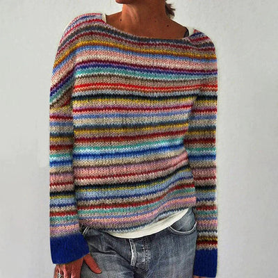 Gestrickter Pullover - Gestreifter Damen Pullover mit Rundhalsausschnitt-Leyna Moda