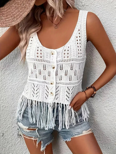 Gestricktes Top, Weiß, Troddel, Boho-Top, Sommer-Oberteile-Leyna Moda