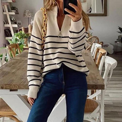 Halber Reißverschluss-Pullover - Gestrickt - Gestreift - Pullover-Pullover - Damenstrickwaren-Leyna Moda