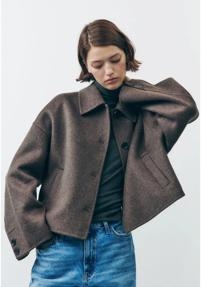 Herbstjacke – braune einreihige Wolljacke für Damen-Leyna Moda