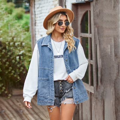 Jeansweste – ärmellose, übergroße Jeansweste für Damen-Leyna Moda