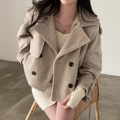 Kurze Trenchcoat-Jacke | Zweireiher | Oversize | Woll-Trenchcoat-Jacke | Damenjacken-Leyna Moda