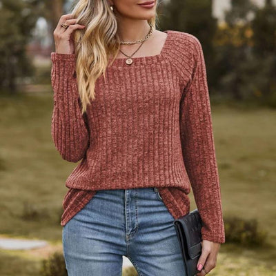 Langarm-Oberteil | Gerippt | Viereckiger Ausschnitt | Pullover | Damenbekleidung-Leyna Moda