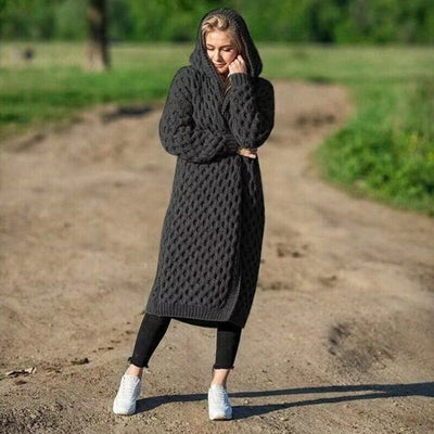 Lange Strickjacke - Offene warme Strickjacke mit Kapuze für Frauen-Leyna Moda