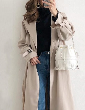 Langer Trenchcoat – wasserabweisender einreihiger Trenchcoat für Damen in Beige-Leyna Moda