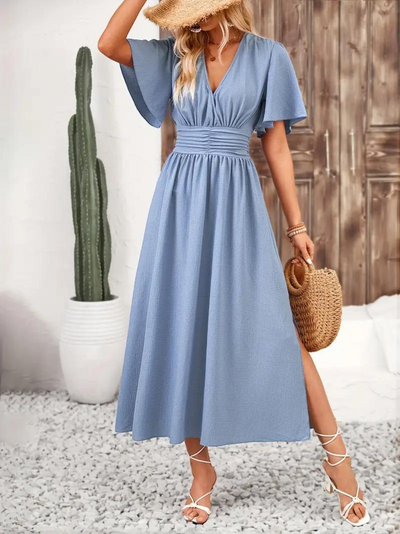 Langes Kleid - Kurze Ärmel - V-Ausschnitt - Sommerkleid - Maxi-Sonnenkleid-Leyna Moda