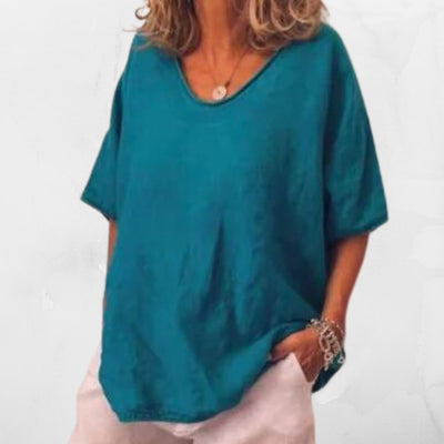 Leinen T-Shirt - Lose Passform - Kurze Ärmel - Oversized Bluse - Damenbekleidung-Leyna Moda