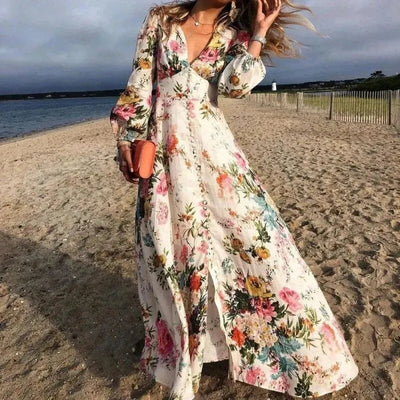 Maxikleid - Floral Long Sleeve V-Ausschnitt Boho Sonnenkleid-Leyna Moda