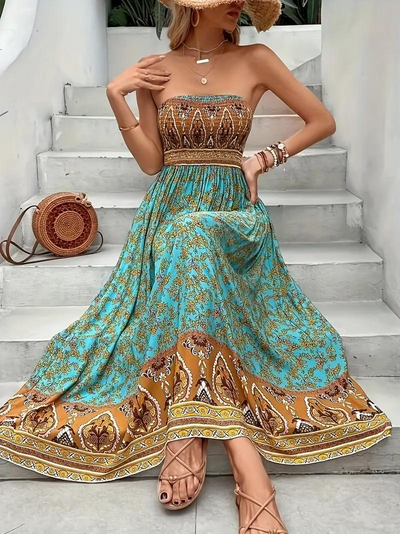 Maxikleid, trägerlos, Boho-Stil, Maxi-Sonnenkleid, Schlauchkleid-Leyna Moda