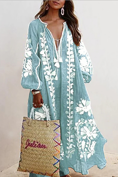 Oversize-Kleid | V-Ausschnitt | Langarm | Boho-Kleid | Maxikleid-Leyna Moda
