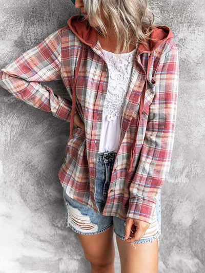 Plaid Hoodie - Loose Fit - Kordelzug - Button Up Shirt - Damenbekleidung-Leyna Moda