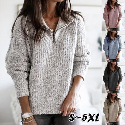 Pullover mit halbem Reißverschluss – lockere Passform – Pullover – Strickpullover – Winterkleidung für Damen-Leyna Moda