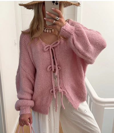 Strickjacke | Oversize | Grob gestrickt | Strickjacke mit Bindegürtel | Damen-Strickwaren-Leyna Moda
