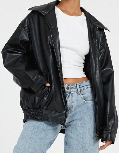 Übergroße Jacke | Kunstleder | Reißverschluss | Kunstlederjacke | Damenjacken-Leyna Moda