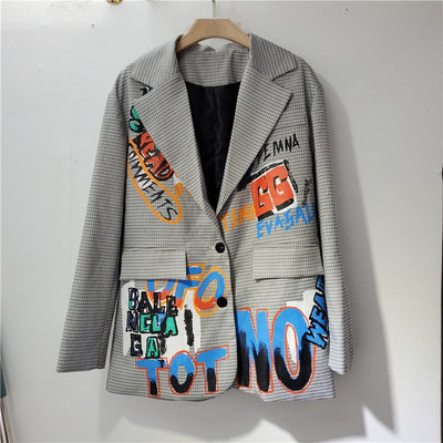 Übergroßer Blazer | Grau | Bedruckt | Blazerjacke | Damenblazer-Leyna Moda