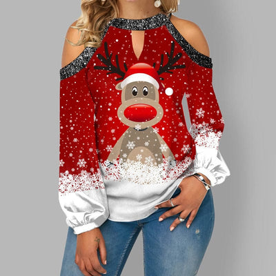 Weihnachtliches Top – Langärmlige schulterfreie Rudolf-Bluse für Damen-Leyna Moda