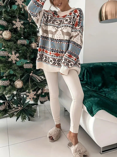 Weihnachts - Pullover mit übergroßem Rundhalsausschnitt und Strickmuster-Leyna Moda