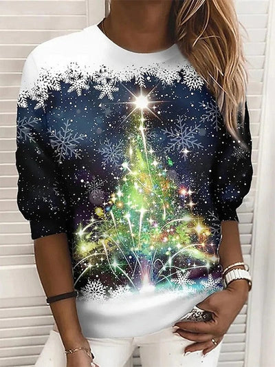 Weihnachts-Sweatshirt – Langarm-Pullover für Damen mit Schneeflocken-Weihnachtsbaum-Leyna Moda