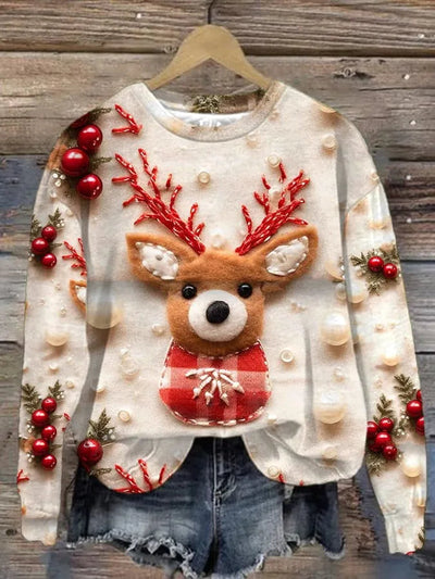 Weihnachtspullover – Locker geschnittener Langarm-Pullover für Frauen mit lustigem Weihnachtsmotiv-Leyna Moda