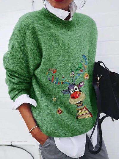 Weihnachtspullover – locker geschnittener grüner Strickpullover mit Rudolf-Motiv für Damen-Leyna Moda