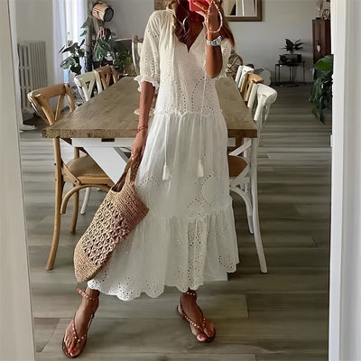 Weißes Kleid - Boho-Stil - Halbe Ärmel - Maxikleid - Sommerkleid-Leyna Moda