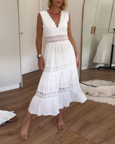 Weißes Spitzenkleid | V-Ausschnitt | Fließend | Maxikleid | Sommerkleid-Leyna Moda