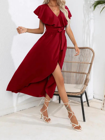 Wickelkleid - Rüsche - Midi - Langes Kleid - Sommerkleid-Leyna Moda