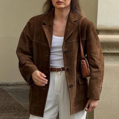 Wildlederjacke - Vintage - Übergröße - Blazerjacke - Damenjacken-Leyna Moda