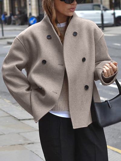 Wolljacke | Zweireiher | Oversize | Kurzer Woll-Trenchcoat | Damenjacke-Leyna Moda